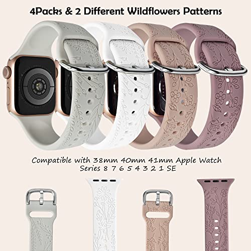 YOPICKERN 4 Pack Floral Engraved Bands with Charms Compatible with Apple Watch Band 40mm 41mm 38mm, Soft Women Sport Silicone Strap Replacement Wristbands for iWatch Bands Series 9 SE 8 7 6 5 4 3 2 1