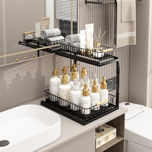 UBTKEY Under Sink Organizer, Pull-Out Cabinet Organizer 2 Tier Slide Out Sink Cabinet Storage Shelves, Under Sink Cabinet Organizer Storage for Kitchen Bathroom, Black