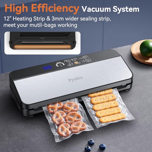 Pyukix Vacuum Sealer Machine, Food Sealer Machine 80KPA Fully Automatic 8-IN-1 Food Saver for Dry/Moist Mode with Build-in Cutter&Storage, Air Suction Hose, Digital Countdown, Bag Roll, 11 Vacuum Bags