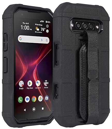 Case + Hand Strap + Holster Combo for Kyocera DuraForce Pro 3 Phone, Nakedcellphone Special Ops Armor Rugged Shield Protective Cover and [Rotating Ratchet] Belt Clip Holder - Black