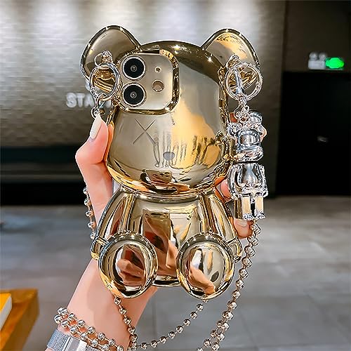 LANJINDENG Compatible with iPhone 12 Case Cute 3D Cartoon Gold Teddy Bear with Metal Chain Strap Bell Pendant Sparkle Bling Luxury Designer Soft Protection Cover for Women Girls