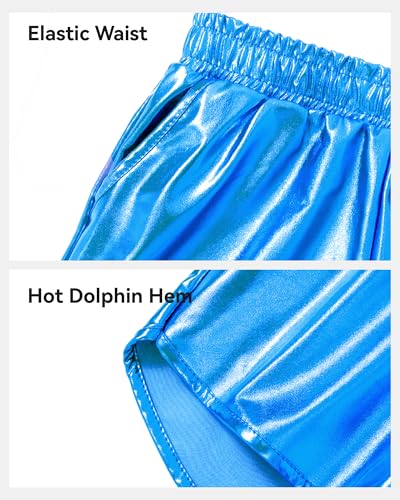 KEREDA Girls Metallic Shorts Sparkly Dance Outfits Shiny Costume for Girls 6-7Y Blue