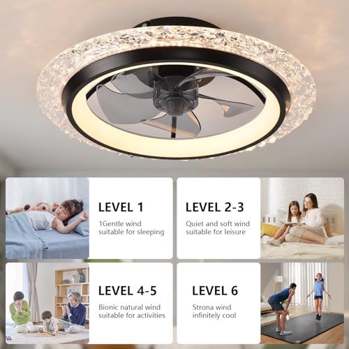 KINDLOV Ceiling Fans with Lights,Flush Mount Ceiling Fan with LED Light, Remote Control, and Six-Speed Wind Adjustment,Modern Ceiling Fan with Light for Bedroom,Kitchen,Living Room,Black