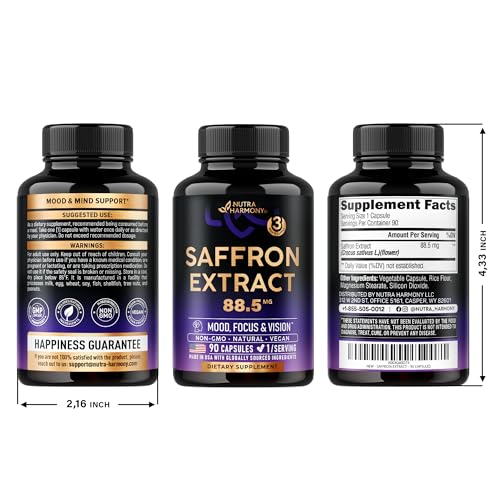 Natural Saffron Supplements - Pure Saffron Extract 88.5 mg - Made in USA - Mood | Focus | Vision | Energy Support - Eye Health for Women & Men - NonGMO Vegan Pills - 90 Powder Capsules, 3 Month Supply