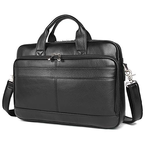 Augus Genuine Leather Messenger Bag for Men Vintage Travel Backpack 14 inch laptop Briefcase Shoulder Bags Black With YKK Metal Zipper