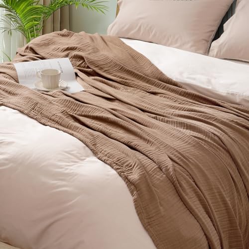 PHF Cooling Muslin Throw Blanket for Hot Sleepers, 60% Rayon Derived from Bamboo, 40% Cotton Blanket for Summer, 4-Layer Breathable Gauze Blanket for Bed Couch, 50"x60", Brown