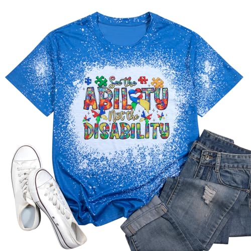 Autism Awareness Shirts Women Autistic Support Shirt Mental Health Top Puzzle Piece Special Education Teacher Tee Bleached Blue