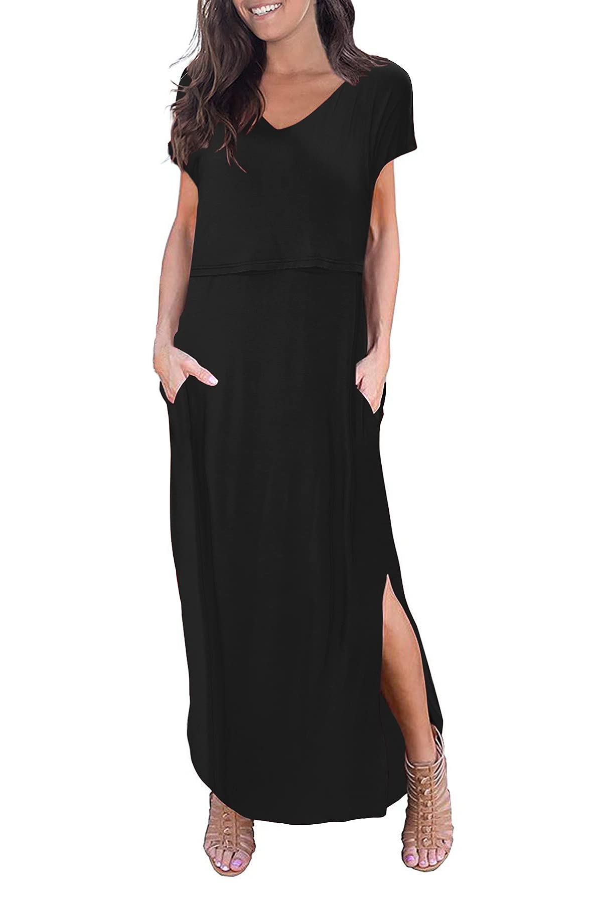 Smallshow Women's Maternity Nursing Dresses Split Long Dress for Breastfeeding Medium Black