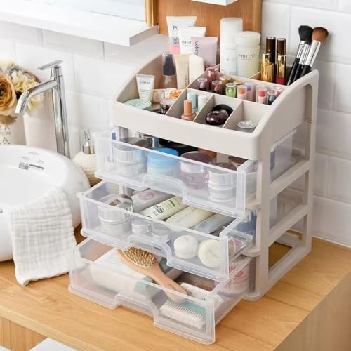 Makeup Organizer with 3 Drawers, Cosmetic Display Cases, Makeup Storage Box (3 Drawers) (white)