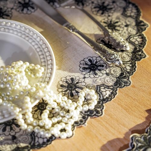 ARTBLOSS Placemats, Lace Place Mats Macrame Oval Embroidered Farmhouse Fabric Rustic Decorative Placemat 12 x 18 Inch Doilies for Kitchen Dining Wedding Fall Outdoor Indoor (Black, 2 Packs)