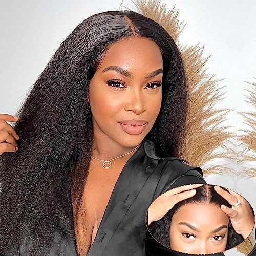 Domiso Glueless Wig Human Hair Yaki Hair Pre Cut 6x4.6 HD Lace Wig Knots Bleached Kinky Straight Lace Front Wigs Human Hair for Women Natural Hairline Pre Plucked Breathable Cap 200% Density 16 Inch