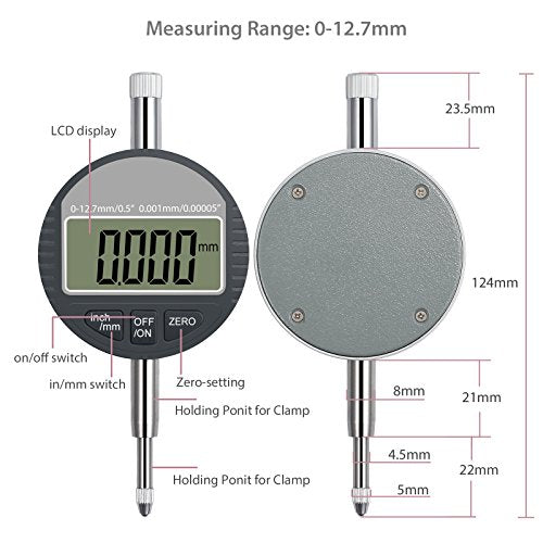 Neoteck DTI Digital Dial Indicator 0.5 inch/12.7mm, High Resolution: 0.00005 inch/ 0.001mm, Digital Probe Indicator Dial Test Gauge
