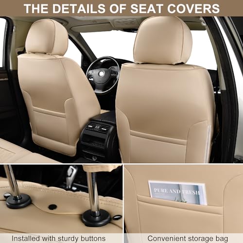 TINRAIYANG Car Seat Covers Front Pair, Breathable Leather Automotive Front Seat Covers with Headrest, Universal Automotive Vehicle Seat Cover for Most Sedan SUV Pick-up Trucks, Beige