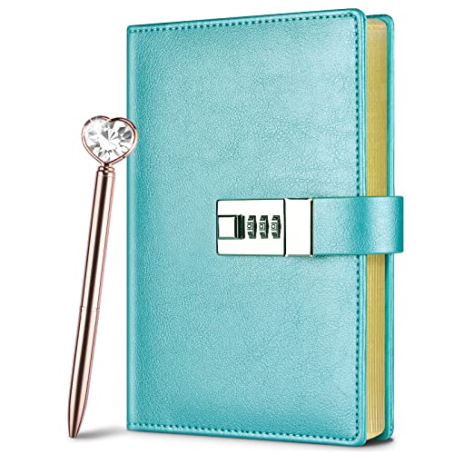 Lock Diary for Woman, Leather Locking Journal with Pen,Gold Gilded Edges Writing Notebook Combination Locked Journal Planner Agenda Personal Diary with Gift Box(Blue)