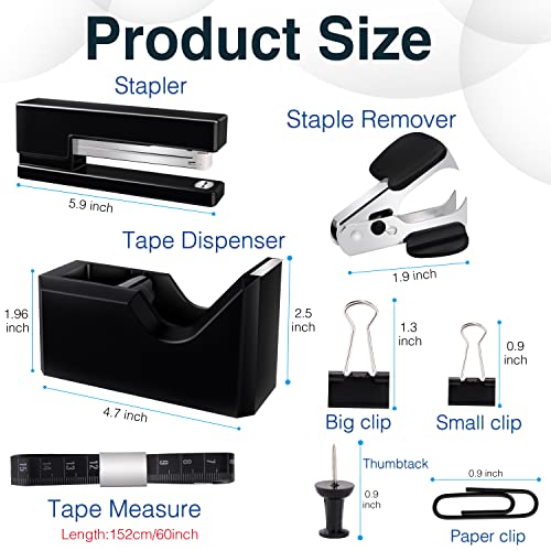 GTOTd Black Office Supplies Desk Accessory Kit includes Desktop Staple,Stapler remove,Single Hole Punch,Tape Dispenser,Stainless Steel Scissors,Small Telescopic Knife and Tape Measure