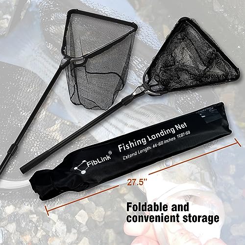 Fiblink Folding Aluminum Fishing Landing Net Fish Net with Extending Telescoping Pole Handle(Extend Length: 44-60 inches-with Larger net)