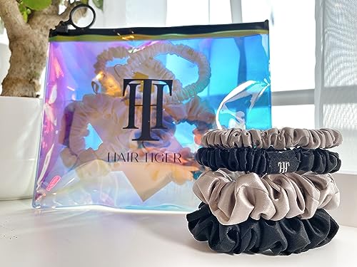 Hair Tiger 100% Mulberry Silk Scrunchies Perfect for Sleeping, Hypoallergenic and Gentle Silk Hair Ties to Prevent Frizz, Tangles and Breakage (Medium and Skinny) (Black and Taupe), Set of 4