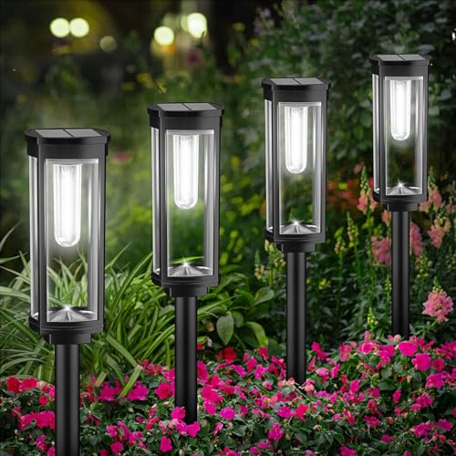 BITPOTT Outdoor Solar Pathway Lights 6 Pack, Bright Cool White Solar Powered Garden Lights Outside, Long Lasting Solar Landscape Lights for Walkway Path Yard Lawn Patio Decor