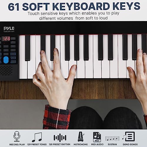 Pyle, Electric Musical Keyboard 61 Keys, Foldable Portable Electronic Standard Piano with Bluetooth, 129 Tones, 128 Audio Rhythms, includes Sustain Pedal, Gig Bag, Headphones, Book Holder (PKBRD6100)