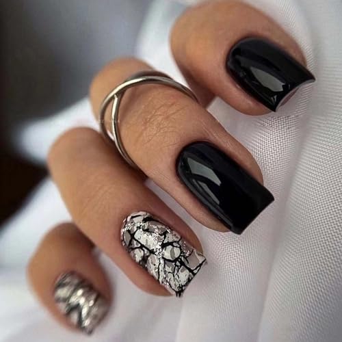 Press on Nails Short Square Fake Nails Black White Mature sexy style Acrylic Nails with Cracked meteorite fragments Designs Glitter Full Cover Glossy Black False Nails Stick on Nails for Women 24Pcs