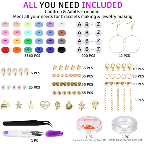 Gionlion 6000 Clay Beads Bracelet Making Kit, 24 Colors Flat Preppy Beads for Friendship Bracelets, Polymer Clay Beads with Charms for Jewelry Making, Crafts Gifts for Girls Ages 6-12