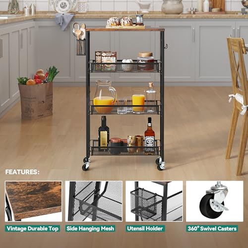 YITAHOME 4-Tier Slim Kitchen Storage Cart, Rolling Spice Rack Next to Fridge, 7.3“ Inch Deep Kitchen Trolley with Wheels, Wood Tabletop & Wire Mesh Baskets, Mobile Narrow Shelf, Black