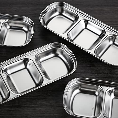 CHWAIKA 3pcs Stainless Steel Soy Sauce Dish Dipping Bowls 3 Grids Divided Sauce Dishes Side Dishes for Soy Sauce, Ketchup, Seasoning, Sushi (3 Grid)