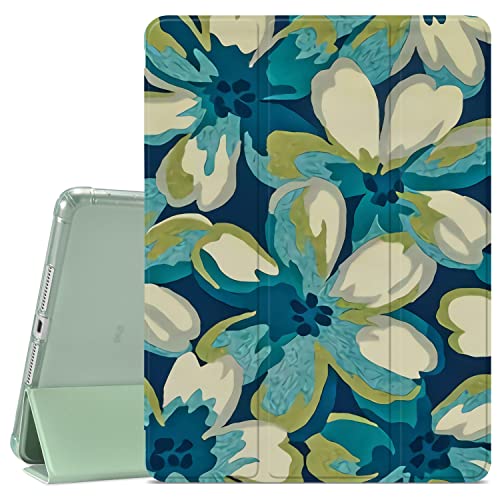 QISHANG Blue Flower Compatible with iPad Mini 4/ Mini 5 Case, Pencil Holder & Clear Transparent Soft TPU Back & Trifold Smart Pad Cover for iPad Mini 4/5 [Support Pencil Wireless Charging]-Green