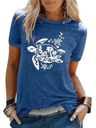 Graphic Tees for Women Vintage Sea Turtle T Shirts Hawaiian Beach Summer Casual Short Sleeve Tops A-Sky-Blue