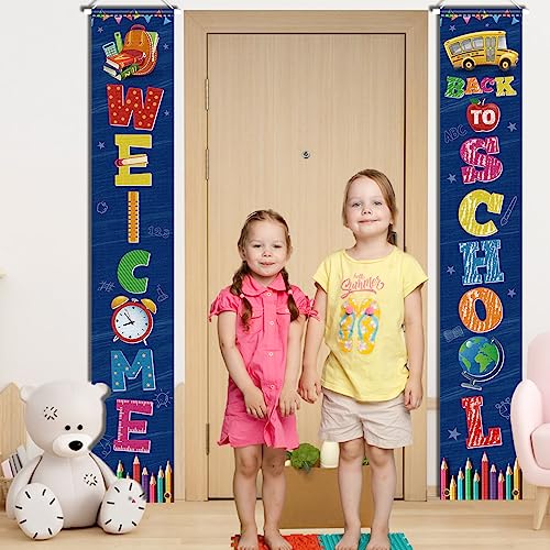 Welcome Back to School Porch Sign Supplies Back to School Door Sign Party Decorations First Day of School Hanging Banners for Kindergarten Pre-school Primary High School Classroom Wall (Blue)