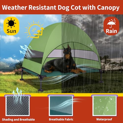 Elevated Dog Bed with 2024 Newest Canopy, Raised Outdoor Dog Bed with Powerful Anti-Slip Feet, Portable Pet Bed Cot with Larger Shade, Raised Large Dogs Cooling Bed for Camping, Indoor & Outdoor