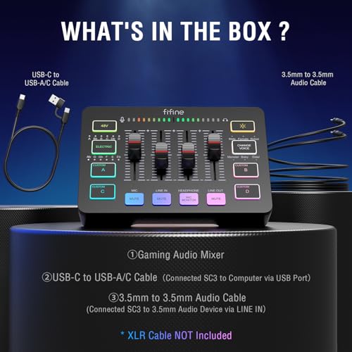 FIFINE Gaming Audio Mixer, Streaming RGB PC Mixer with XLR Microphone Interface, Individual Control, Volume Fader, Mute Button, 48V Phantom Power, for Podcast/Recording/Vocal/Game Voice-AmpliGame SC3