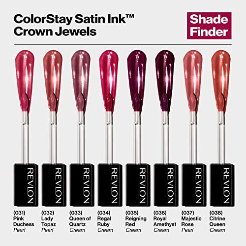 REVLON ColorStay Satin Ink Crown Jewels Liquid Lipstick, Longlasting & Waterproof Lipcolor, Moisturizing Creamy Formula Infused with Black Currant Seed Oil, 035 Reigning Red, 0.17 fl oz.