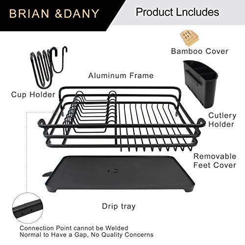 BRIAN & DANY Aluminum Dish Drying Rack, Dish Racks for Kitchen Counter, Dish Drainer with Removable Cutlery Holder & Cup Holder, 16.5" L x 11.8" W, Black