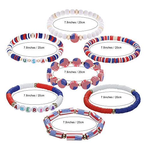 Taouzi 4th of July Bracelets for Women Handmade Elastic American Flag Bracelets Vsco Boho Polymer Clay Beads Bracelets for Women Independence Day Party Supplies 7Pcs Style 1