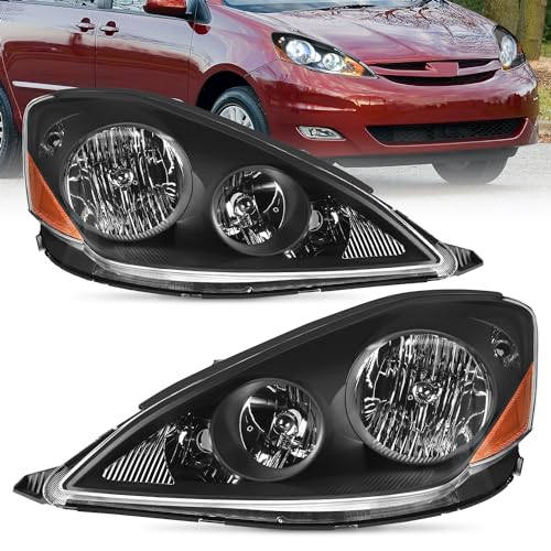 Nilight Headlight Assembly Compatible with 2006 2007 2008 2009 2010 Toyota Sienna Black Housing Amber Reflector Clear Lens Headlights Assembly Replacement Driver and Passenger Side