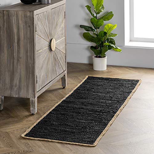 nuLOOM Sabby Hand Woven Leather Flatweave Runner Rug, 2' x 6', Black