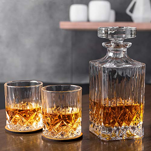 KANARS Whiskey Decanter And Glasses Set in Unique Gift Box - Original Crystal Liquor Decanter Set For Bourbon, Scotch, Vodka, Rum or Whisky, 5-Piece, Gifts for Men Dad