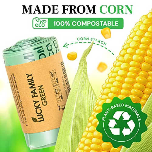 Lucky Family Green Compost Bags for Kitchen Countertop Bin -1.3 gallon trash bags to 1.6 Gallon trash bags - 100% Compostable Trash Bags for Food Waste, Organic Biodegradable Trash Bags - 50 Bags Roll