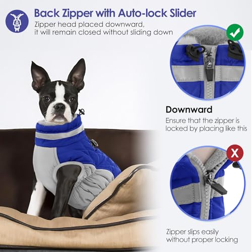 AOFITEE Dog Coat, Warm Dog Winter Coat for Small Dogs, Reflective Turtleneck Dogs Jacket with Harness Built in, Waterproof Windproof Pet Fleece Vest Snow Jacket for Cold Weather, Blue S