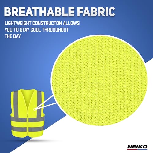 Neiko 53994A Large Ultra Reflective Safety Vest with Reflective Stripes & Zipper, Visibility Strips on Neon Yellow for Emergency, Safety Vest for Men and Women, Adult Safety Vest