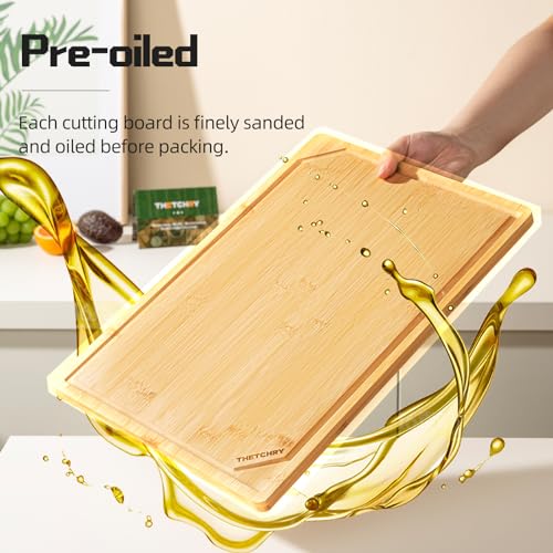 THETCHRY Organic Bamboo Cutting Board Set of 3-Large Wood Cutting Board SET for Kitchen,Wooden Chopping Boards with Juice Grooves & Built in Side Handles