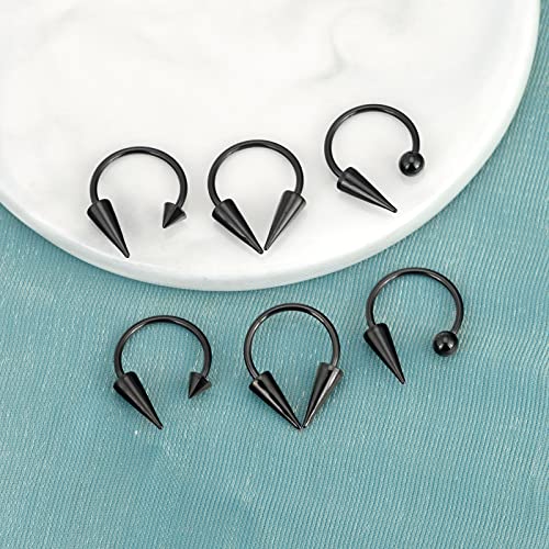 Stuppendux 6pc Black 16G 1.2mm Septum Rings Stainless Steel Cartilage Helix Tragus Earrings Nose Rings Piercing Jewelry Pointed Conical Head Round Ball Head for Women Men diameter 12mm