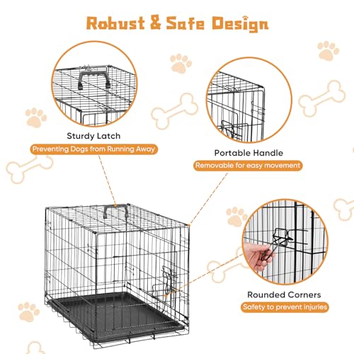 DUMOS Dog Crate, 24 Inch Small Double Door Dog Cage with Divider Panel and Plastic Leak-Proof Pan Tray, Folding Metal Wire Pet Kennel for Indoor, Outdoor, Travel