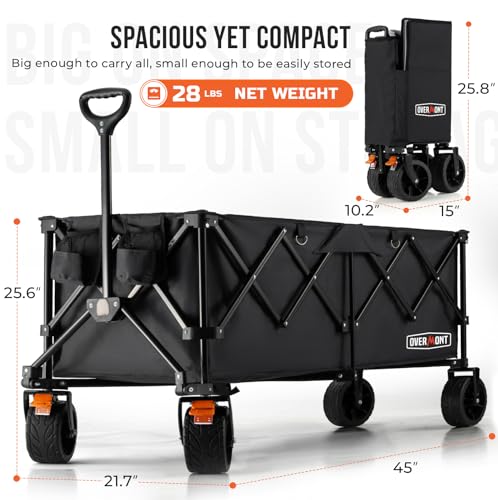 Overmont 45'' Collapsible Foldable Extended Wagon Cart - 300L Heavy Duty 440lbs Large Capacity Folding Utility Wagon with All-Terrain Wide Wheels for Camping Sports Grocery Picnic