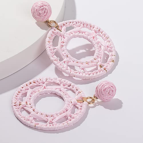 Statement Raffia Earrings Boho Dangle Drop Earrings Cute Handmade Fashion Earring Summer Beach Jewelry for Women(Pink Round Braid)