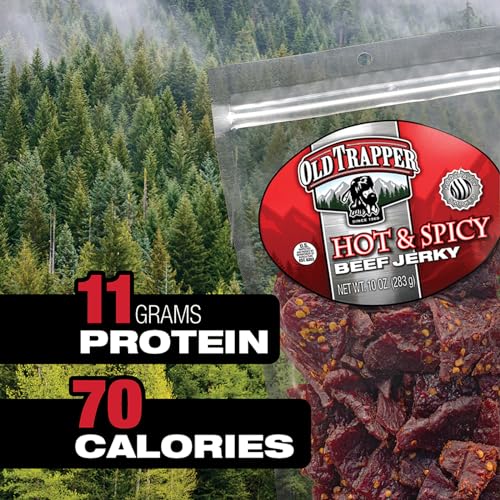 Old Trapper Beef Jerky, Hot & Spicy 10-Ounce Individual Pack, Tender and Spicy Meat Snacks for Lunches or Between Meals, 11 Grams of Protein and 70 Calories per Ounce (Pack of One)