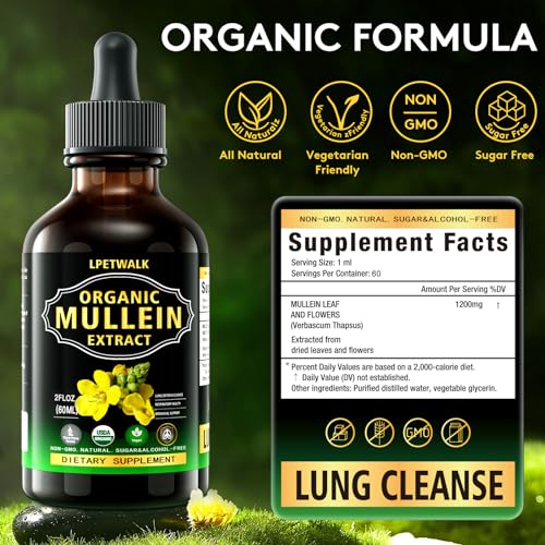 2 Fl oz Mullein Leaf Extract - Organic Mullein Leaf Liquid Drops Tincture Supplement High Bioavailability for Women, Men 98% Absorption, Herbal Goodness -Big Capacity (60ML)