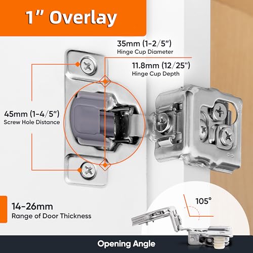 DecoBasics 100 Pack 1-1/4" Overlay Soft Close Cabinet Hinges for Kitchen Cabinets -Satin Nickel Self Closing Kitchen Cabinet Hinges Concealed with Built-in Soft Close Hinge Damper -3 Way Adjustability