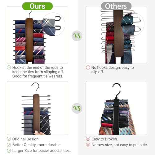 Mkono Wooden Tie Rack Retro Tie Belt Storage Hanger Organizer for Men Closet Space Saving Rack with 20 Non-Slip Hooks for Ties Belt Scarf Organize 360 Rotate Hanger Tie Display Holder, 1 Piece, Brown
